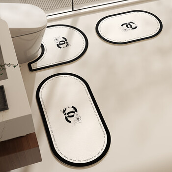 Fantasy bathroom toilet floor mat u-shaped three-piece set bathroom toilet edge foot mat high-end toilet absorbent non-slip mat flower language camellia black frame environmentally friendly absorbent mat oval 40x80cm