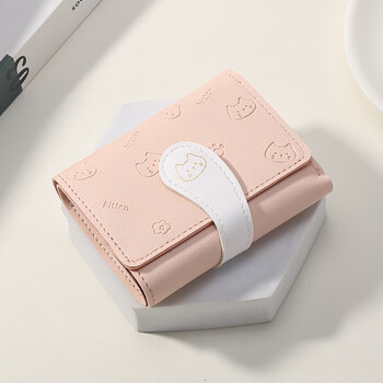 Domestic products carefully selected ins cute kitten wallet printed pu leather buckle wallet 30% off short wallet fashion card holder bs-1161 loose mouth 30% off-pink cat