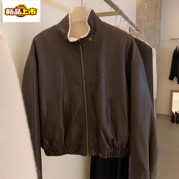 Chujing american retro black fur one-piece leather jacket women's autumn and winter feeling velvet thickened short motorcycle jacket brown s