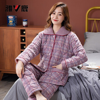 Yalu 2026 winter mother's pajamas women's pure cotton thickened three-layer quilted jacket autumn and winter cotton warm cotton suit gray purple yzl-ymy4004 l 100-120 catties