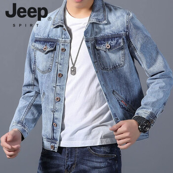 Jeep spirit work jacket men's trendy brand new 2026 spring and autumn japanese retro men's loose jacket men's top denim jacket light blue m