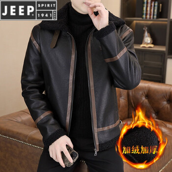 Jeep spirit jeep men's 2026 new winter jacket for young and middle-aged people motorcycle fur one-piece velvet cold-proof lapel leather jacket 8828 black l 110-125 catties