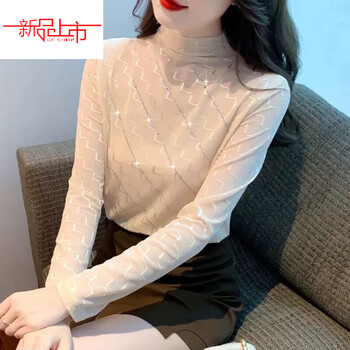 Yalu plus velvet half turtleneck bottoming shirt for women 2025 autumn and winter new fashion heavy iron diamond slim fit age-reducing long-sleeved t-shirt apricot l 105-115 catties