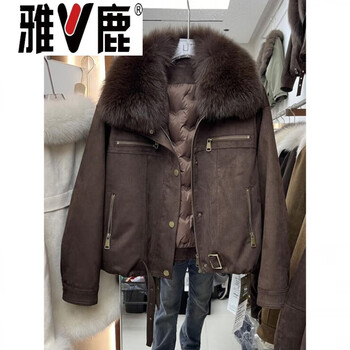 Yalu fur collar down jacket women's short fashionable jacket 2026 winter warm white goose down motorcycle jacket leather trend goose down jacket 95% white goose down women's brown m white goose down 55g _ recommendation 100-119