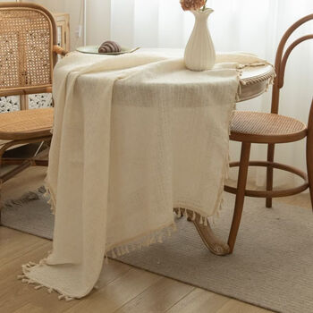 Fantasy french ins japanese style tassel round table tablecloth fabric tablecloth light luxury high-end modern round coffee table tablecloth 90x160cm japanese style beige without tassels