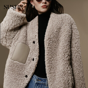 Sushe wool and leather collarless deconstructed placket loose thick warm lamb wool jacket