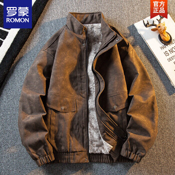 Romon hpcp maillard retro lapel leather jacket men's winter velvet thickened trendy handsome suede leather jacket brown l