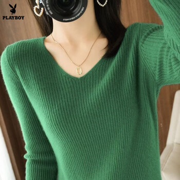 Playboy (playboy) 2026 new autumn and winter v-neck sweater women's pullover sweater slim and stylish wool long-sleeved inner layering top official flagship green l recommended 100-125 pounds