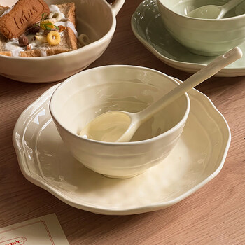 Tuojin jingdezhen ceramic good-looking bowl ins cream bowl set for one person tableware bowl chopsticks bowl plate combination rice bowl home double line - cream yellow 3-piece set