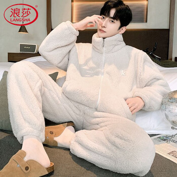 Langsha snowflake velvet home clothes winter flannel pajamas set coral velvet can be worn outside large size loose warm velvet men's winter 24-ks17 monet gray snowflake velvet k-mark men l male (100-130 pounds)