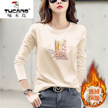 Woodpecker (tucano) german velvet apricot round neck bottoming shirt for women, long-sleeved t-shirt, thickened national style literary inner wear, autumn and winter new top trend dr6154 light apricot, loose round neck, german velvet long sleeves l (recommended 106-120 pounds)