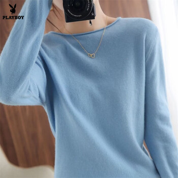 Playboy (playboy) 100 cardigan women's round neck sweater loose autumn and winter new style curled velvet knitted bottoming shirt long-sleeved inner wear official flagship light blue xl