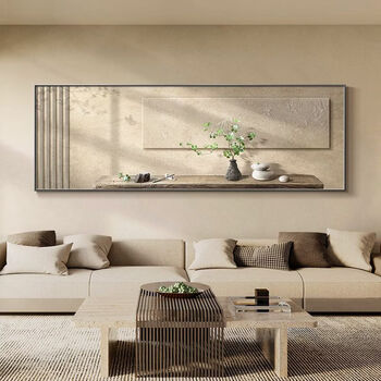 Fantasy new chinese-style living room decorative painting, elegant and simple horizontal version of tea room mural wabi-sabi style high-end sofa background wall hanging painting 70x180cm with light/voice control plug-in type 01 green shadow whirling with installation
