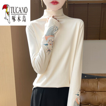 Woodpecker (tucano) national style embroidered half-high collar double-sided german velvet bottoming shirt for women spring and autumn 2026 new inner warm mid-collar top beige phoenix embroidery 2xl suitable for 145-160 pounds