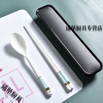 Tuojin chopsticks and spoon set ceramic high-looking students and office workers cute ins internet celebrity portable tableware three-piece set portable portable ceramic chopsticks and spoon new west lake blue