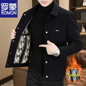 Romon winter new plus fleece jacket men's lapel casual high-end warm woolen coat short coat men's black plus fleece 2xl