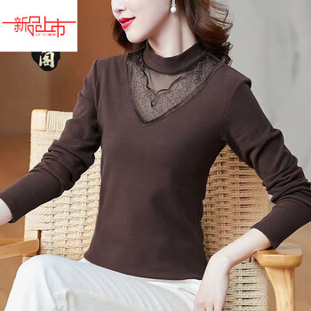 Xia dian suding queen (se.pstp) 2025 autumn and winter double-sided stretch german velvet bottoming shirt half turtle collar fashionable western style hollow lace versatile warm top brown (double-sided german velvet) m 85-100