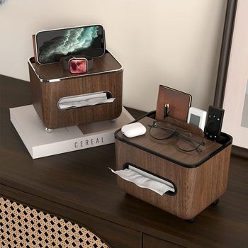 Fantasy style tissue box living room wood grain tissue remote control storage walnut color silver edge storage box set of two