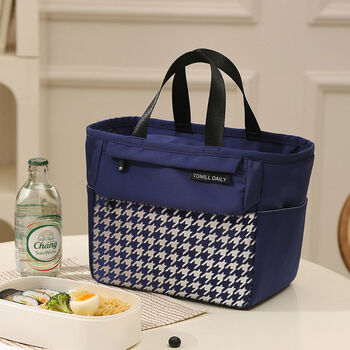 Lunch box handbag aluminum foil insulation bag thermal insulation waterproof lunch bag office worker lunch box bag portable student lunch bag roland lunch box bag-dark blue-houndstooth