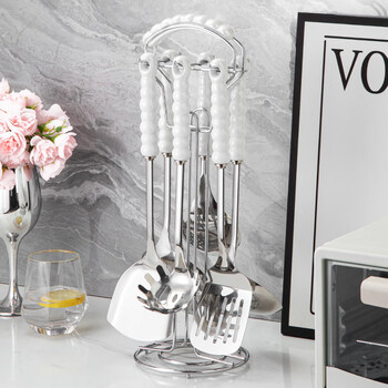 Tuojin japan imported high-quality food-grade kitchen stainless steel spatula kitchenware set cooking spatula household colander seven-piece pearl white 7-piece set (random small gift)