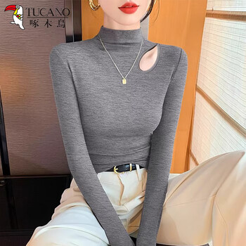 Woodpecker hollow long sleeve bottoming shirt for women spring, autumn and winter new half-high collar t-shirt slimming knitted top dark gray xl