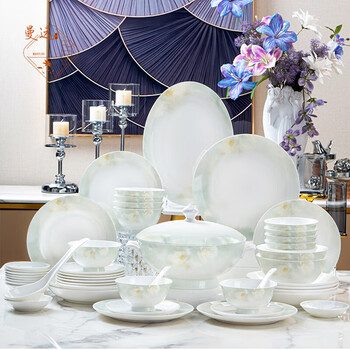 Manyuan 2025 new style jingdezhen high-end light luxury ceramic tableware set simple bowls and dishes for home moving to a new home, quiet time, 10 people configuration, 66-piece set