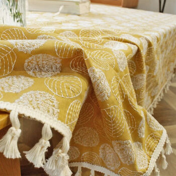 Fantasy embroidery small fresh tablecloth japanese coffee table cloth ins style ramie leaves rectangular tablecloth desk cover cloth 130x130 minagawa ming yellow (rolled edge)