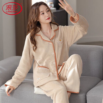 Langsha new pajamas for women in autumn and winter island velvet warm plus velvet thickened coral velvet thin style can be worn outside home clothes set y-a2731 beige color m recommended 85-110 pounds