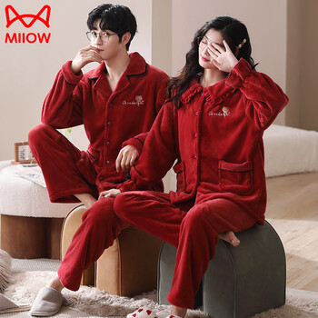 Miiow pajamas wedding newlyweds couple set qiji red winter coral velvet men and women exquisite couple pajamas autumn and winter style main picture yuh 6620 red english bear bow coral velvet cardigan l female no shedding no fading