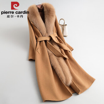 Pierre cardin high-end fox fur collar double-sided cashmere coat women's long woolen coat removable mulberry silk liner camel s