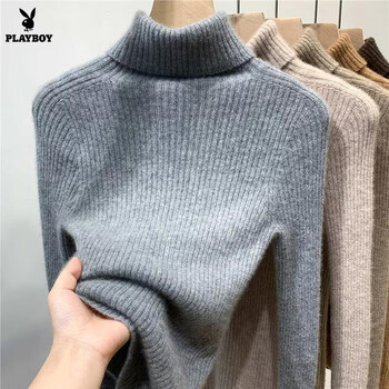 Playboy (playboy) turtleneck bottoming shirt for women in autumn and winter with coat-like inner warm sweater thickened knitted sweater slimming top official flagship medium gray l 110-125 pounds