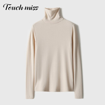 Touchmiss (touchmiss) round neck half turtleneck bottoming shirt for women 2025 autumn and winter new long-sleeved slimming and warm bottoming shirt, light beige. turtleneck xl