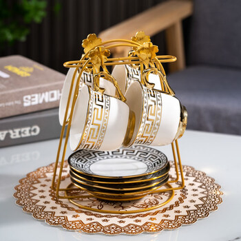 Tuojin jingdezhen ceramic coffee cup english afternoon tea set beauty salon light luxury tea cup home palace style living room ornaments auspicious 4 cups 4 plates 4 gold spoons + non-fading shelf_+ mat