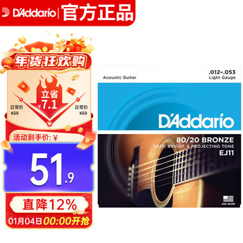 D addario ej11 american imported folk guitar strings carbon steel string set 12-53 brass