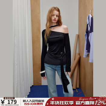 Unifree's 26th spring large size pure lust streamer design fashionable slanted shoulder waist long-sleeved t-shirt black s