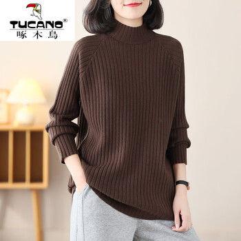 Woodpecker (tucano) half turtleneck sweater large size women's fat mm bottoming shirt 2025 new autumn and winter sweater, stylish and loose, slimming, coffee color xl