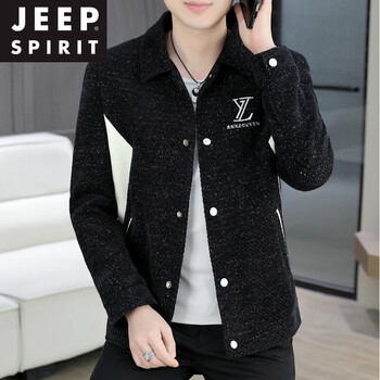 Jeep spirit korean style lapel jacket men's velvet thickening youth design handsome slim short woolen jacket high-end trend black xl