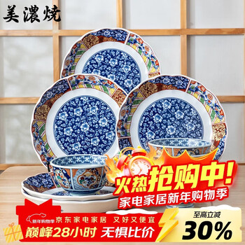 Mino-yaki tableware set imported from japan, 10-piece palace-style bowl, plate and tableware set