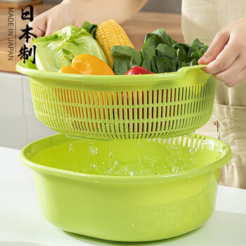 Sungsa japan imported double-layer plastic sink large vegetable basket fruit basket kitchen hollow draining dish storage basket green set (basin + drain basket)