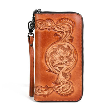 2025 first layer cowhide women's wallet new multifunctional zipper clutch retro ethnic style wallet wholesale retro brown