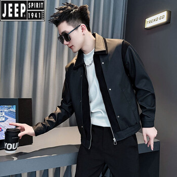 Jeep spirit leather jacket men's jacket autumn and winter plus velvet 2025 new short motorcycle leather jacket men's trendy and handsome tops black l recommended 111~125 catties