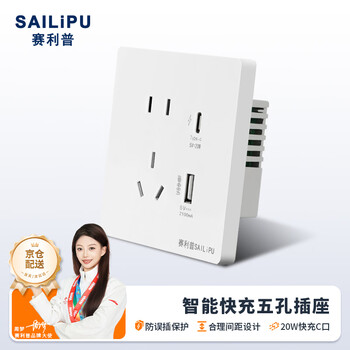 Sailipu type 86 concealed 2, 3, 5-hole socket usb charging type-c mobile phone fast charging source panel 20w smart fast charging socket usb+type-c white