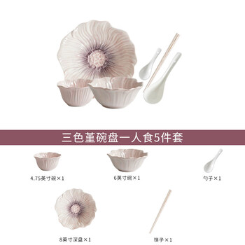 Tuojin japan imported quality 2025 new ins style ceramic tableware set household rice bowls, chopsticks, plates and plates for new housewarming pansy ordinary 1-person food bowl + plate 5-piece set 1 piece