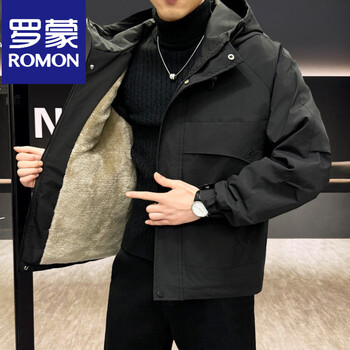 Romon design jacket men's 2025 autumn and winter velvet thickened hooded cotton clothes coldproof cotton jacket trendy black m