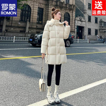 Romon 90 white goose down white down jacket women's mid-length 2026 winter new hooded thickened cold-proof bread jacket off-white (upgraded version) xs recommended 70-85 pounds