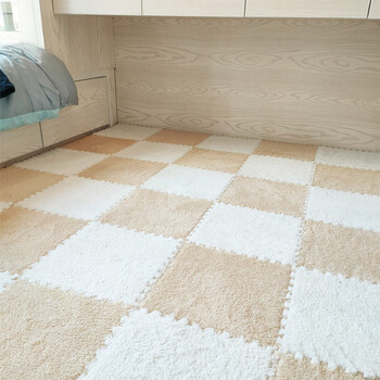 Fantasy summer short-haired carpet for bedroom, girl's room and living room, fully covered with stain-resistant splicing floor mat, large area bedside blanket, white apricot, environmentally friendly and comfortable velvet material, length, width and thickness 30x30x0.6cm, 10 pieces, delivered with side