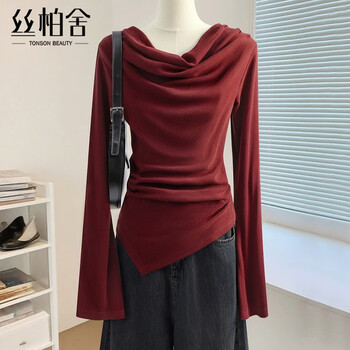 Sibaishe fashionable solid color long-sleeved bottoming shirt for women 2026 spring new slim fit and slim pullover top