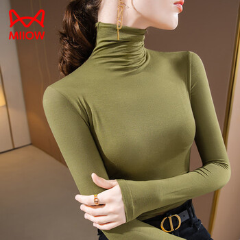 Miiow modal turtleneck bottoming shirt for women 2025 women's solid color long-sleeved t-shirt pile collar inner top autumn new style avocado green s