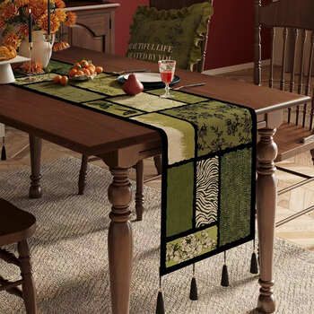 From now on, imitation linen table flags, high-end waterproof and oil-proof tablecloths, cushions and atmosphere props, z01 journey green - eight tassels, 35*200cm, suitable for desktop length 150-160