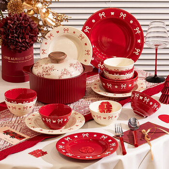 Qishu bowl set for home new high-looking wedding gift ceramic bowls and plates tableware set for 4 people with soup bowl gift box 18-piece set